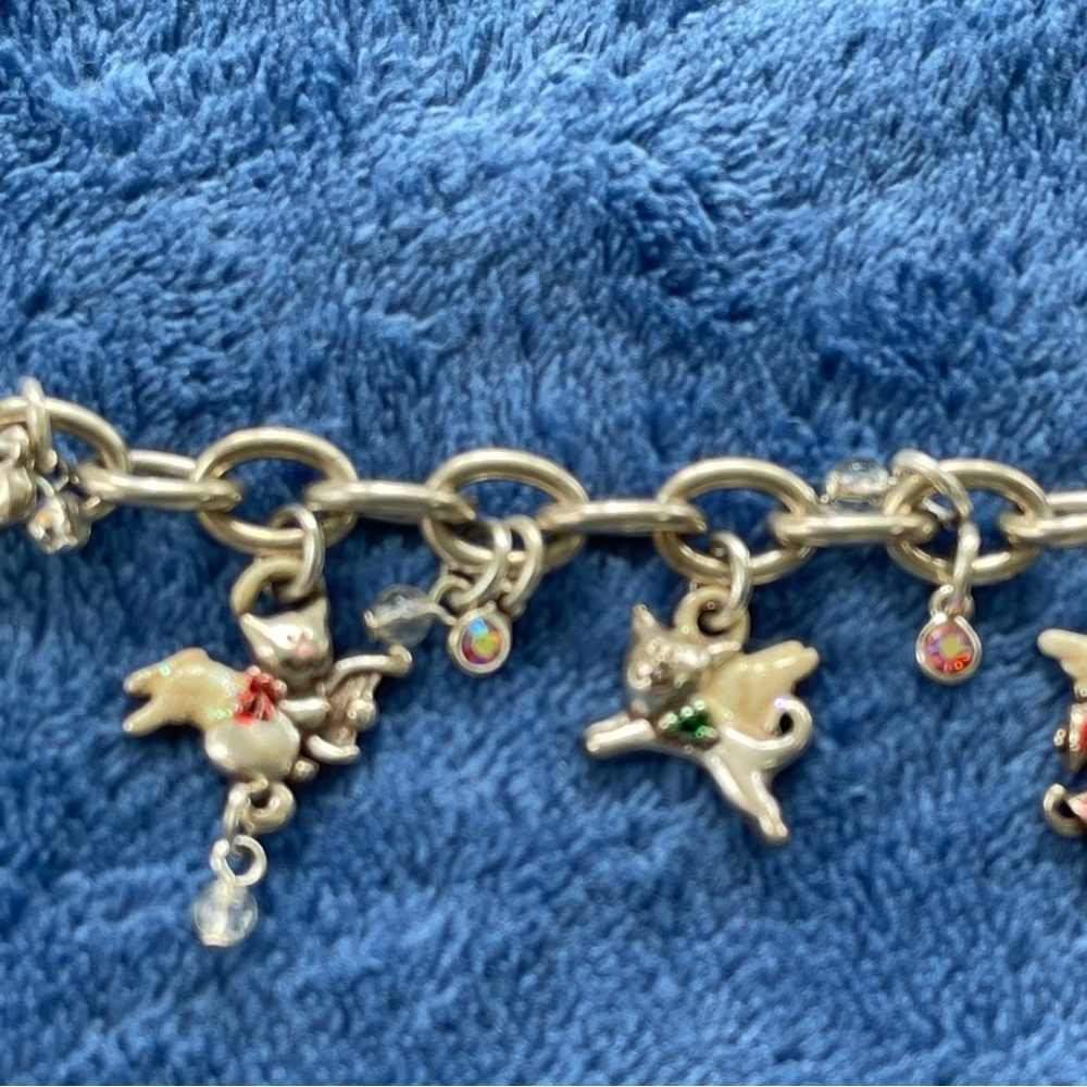 Vintage Enameled Cat Angels Dangle Charms Silver Bracelet  With Crystals - Picture 4 of 6